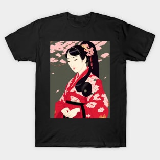 Ukiyo-e Japanese Art - Beautiful Long-haired Woman Sitting Under Cherry Blossoms T-Shirt